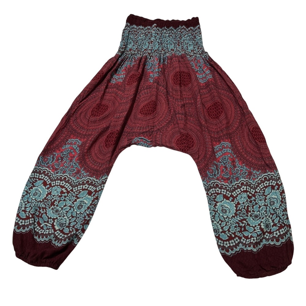 Harem Pants Blue Maroon Smocked Waist Jogger Leg OS Baggy Boho Hippie Festival